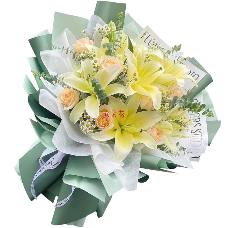 9朵香槟玫瑰黄色百合，每天充满活力